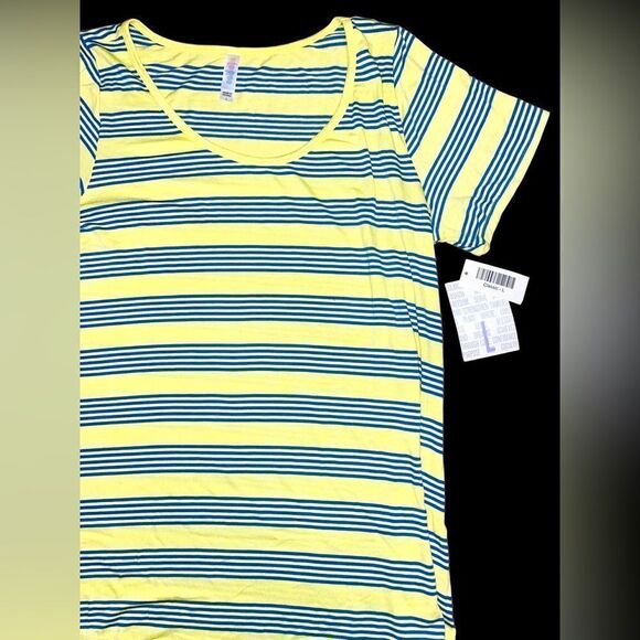 LuLaRoe Women’s Large Yellow w/Blue Stripes Classic Tee Blouse Coastal Comfy - Picture 6 of 16